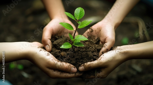 A plant with the earth in its hands. Ecological cooperation. Community unity together protect small sprouts by hand. The future of environmental preservation and sustainable development of ESG moderni