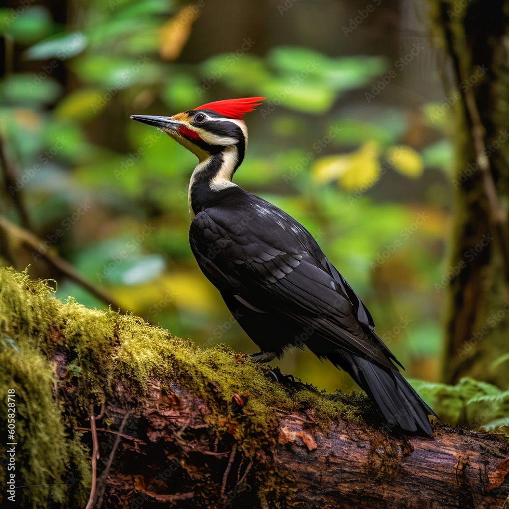 Stunning Pileated Woodpecker in Vibrant Forest Setting Stunning Pileated Woodpecker in Vibrant Forest Setting