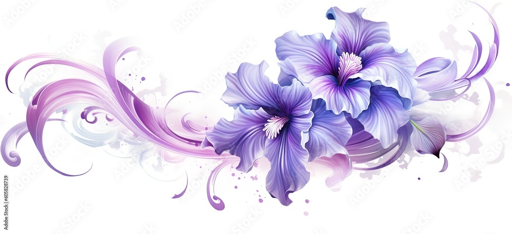 Iris with elegant swirls on white background. Luxury beautiful flower in purple and violet. Generative AI. Iris with elegant swirls on white background. Luxury beautiful flower in purple and violet. Generative AI.