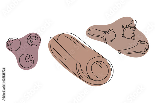 Hand drawn set of spices for mulled wine. Cinnamon stick, cloves and allspice with color spots. EPS