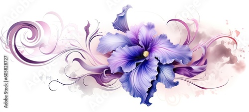 Iris with elegant swirls on white background. Luxury beautiful flower in purple and violet. Generative AI. 
