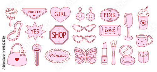 Glamorous trendy pink stickers set. Nostalgic barbiecore 2000s style collection
