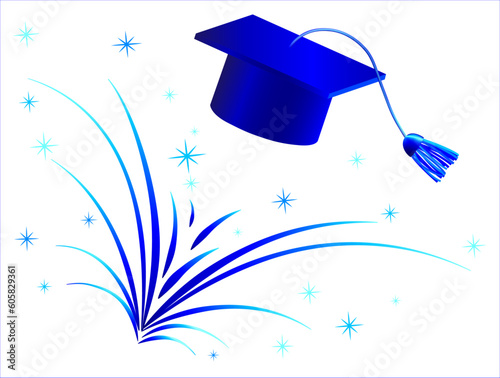 Blue Graduation Cap with Blue Fireworks and Stars