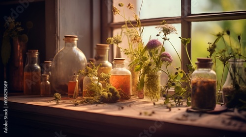 Bottles and tinctures or potions and dry healthy herbs, a bunch of medicinal herbs in glass bottles on the window. Herbal medicine. Retro style, AI generated