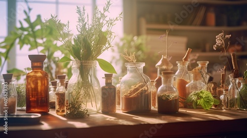 Bottles and tinctures or potions and dry healthy herbs, a bunch of medicinal herbs in glass bottles on the window. Herbal medicine. Retro style, AI generated