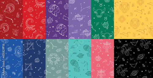 Set of patterns of the zodiac signs, horoscopes, constellations, stars, planets. Gemini, capricorn, aries, tuaro, aquarius, leo, cancer, virgo, scorpio, libra, pisces, sagittarius. Collection of zodia