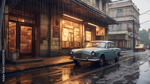 A vintage car outside a cafe on a rainy evening © Mike