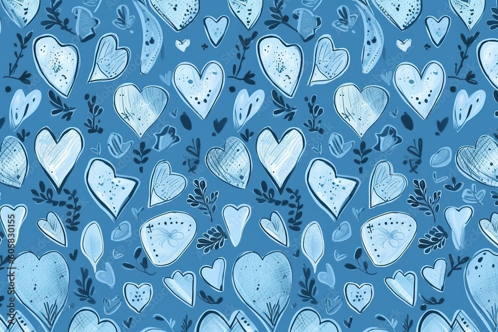 wallpaper for tranquil blue playful hand drawn doodle valentine hearts seamless background texture cute kidult abstract 2023 color trend fashion backdrop kid s room textile pattern or ba generative ai - obrazy, fototapety, plakaty 