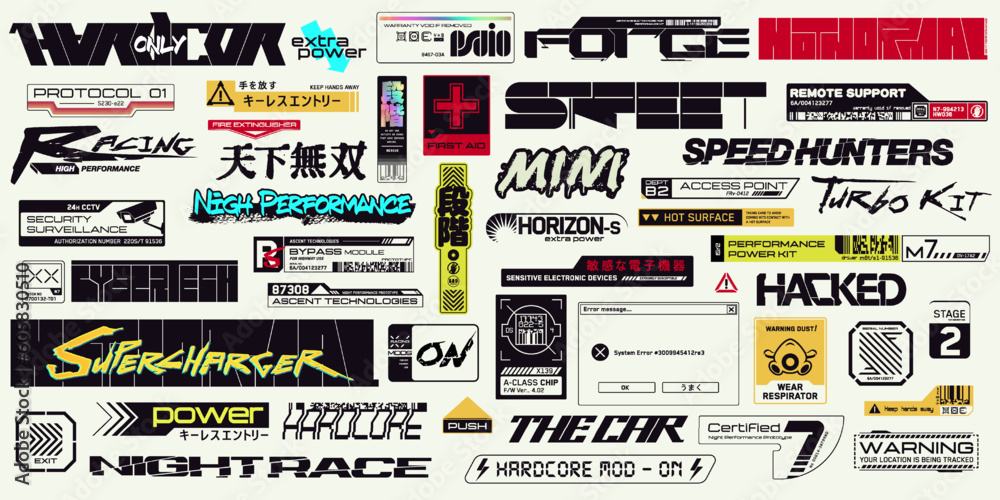 Cyberpunk decals set. Set of vector stickers and labels in futuristic style. Inscriptions and symbols. Japanese hieroglyphs for keyless entry, matchless, sensitive electronic devices, step. - obrazy, fototapety, plakaty 