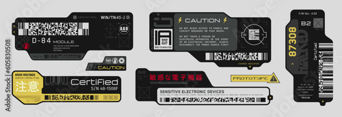 Cyberpunk decals set. Set of vector stickers and labels in futuristic style. Inscriptions, symbols. Japanese hieroglyphs for sensitive electronic devices, high voltage. 