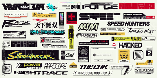 Cyberpunk decals set. Set of vector stickers and labels in futuristic style. Inscriptions and symbols. Japanese hieroglyphs for keyless entry, matchless, sensitive electronic devices, step.