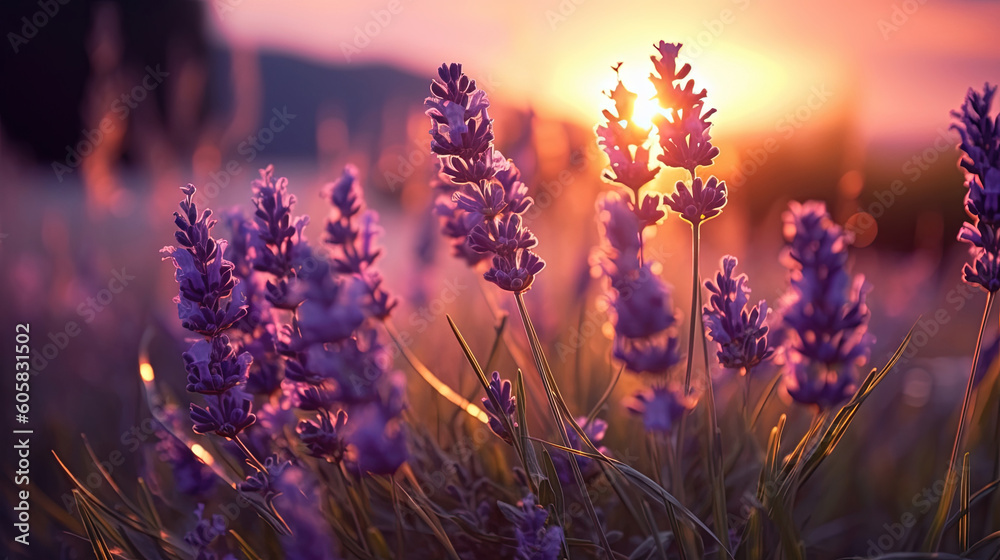Naklejka premium Purple lavender flowers with sunset illustration