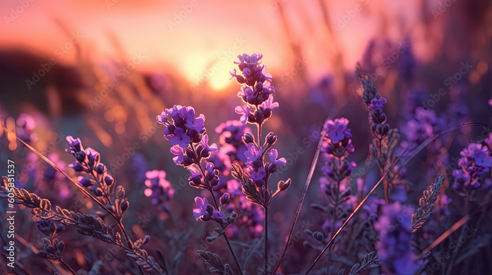 Purple lavender flowers with sunset illustration Purple lavender flowers with sunset illustration