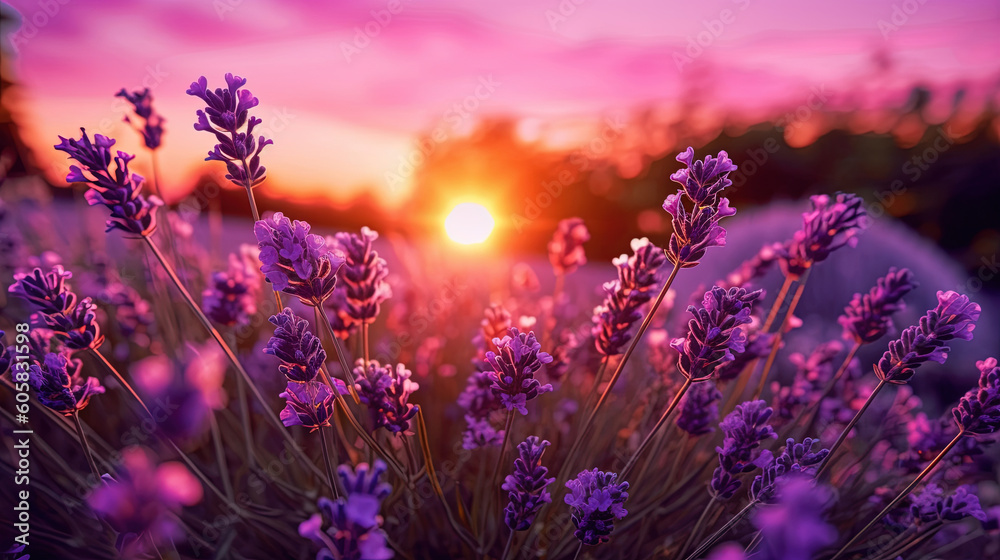 Purple lavender flowers with sunset illustration Purple lavender flowers with sunset illustration
