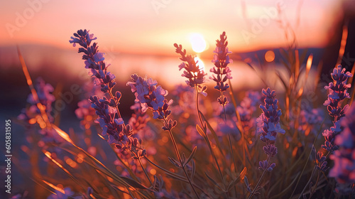 Fototapeta Naklejka Na Ścianę i Meble -  Purple lavender flowers with sunset illustration