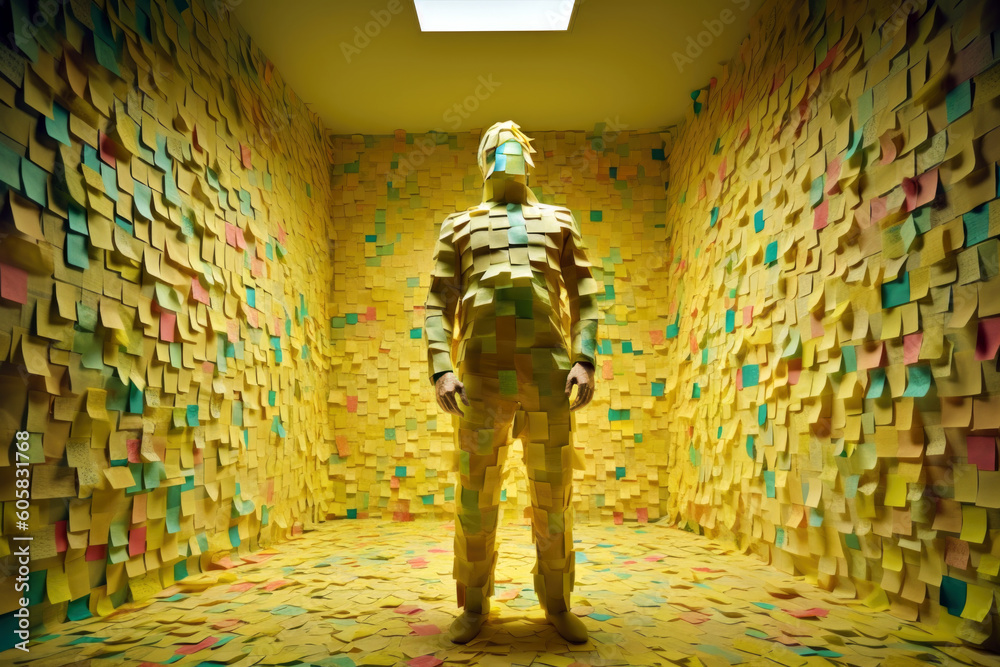 A man covered in sticky notes, overwhelmed by notes, Generative AI - obrazy, fototapety, plakaty 