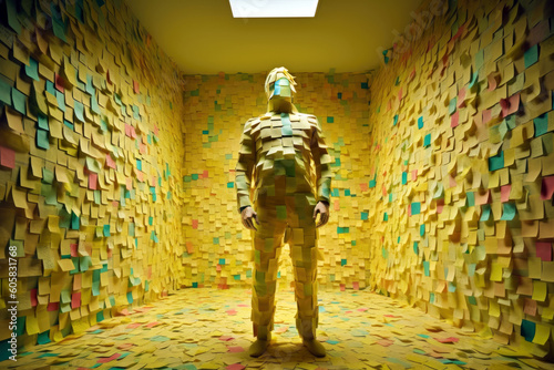 A man covered in sticky notes, overwhelmed by notes, Generative AI