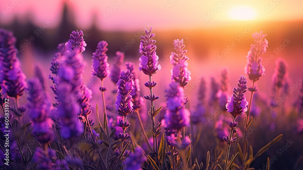 Purple lavender flowers with sunset illustration Purple lavender flowers with sunset illustration