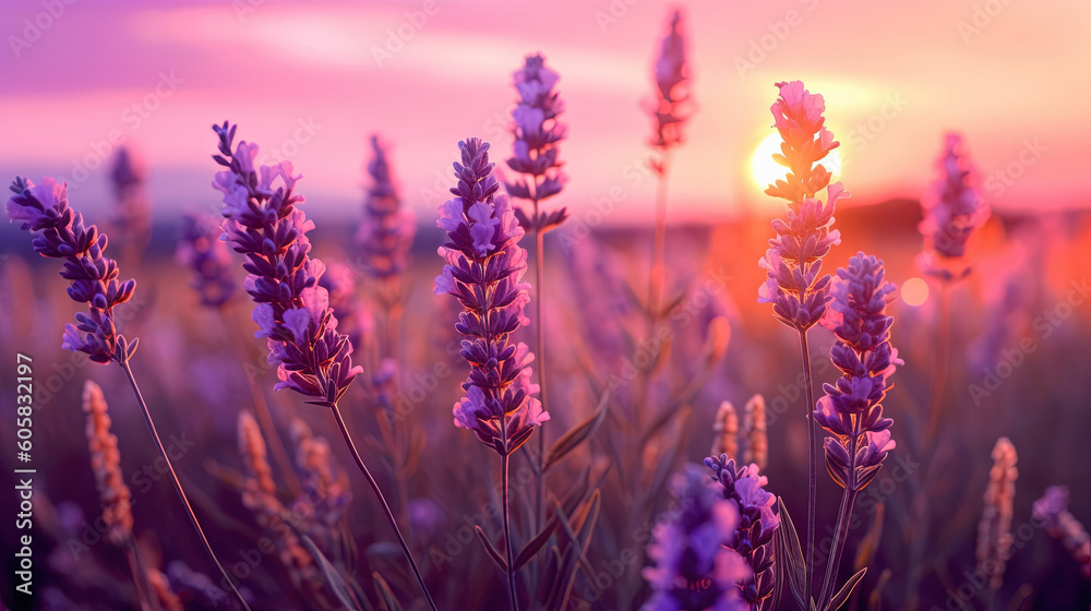 Purple lavender flowers with sunset illustration Purple lavender flowers with sunset illustration