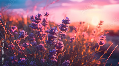 Fototapeta Naklejka Na Ścianę i Meble -  Purple lavender flowers with sunset illustration