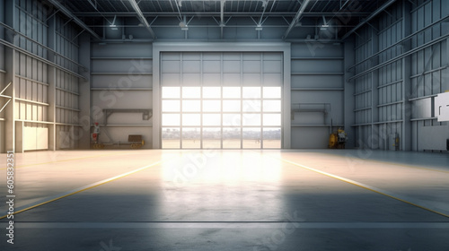 3d rendering of large hangar building and concrete floor and open shutter door in perspective view for background, clean and new condition. Generative AI © shaista