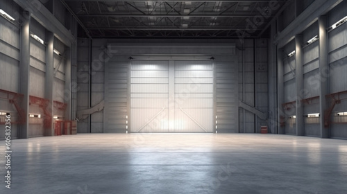 3d rendering of large hangar building and concrete floor and open shutter door in perspective view for background  clean and new condition. Generative AI
