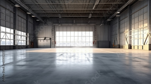 3d rendering of large hangar building and concrete floor and open shutter door in perspective view for background, clean and new condition. Generative AI