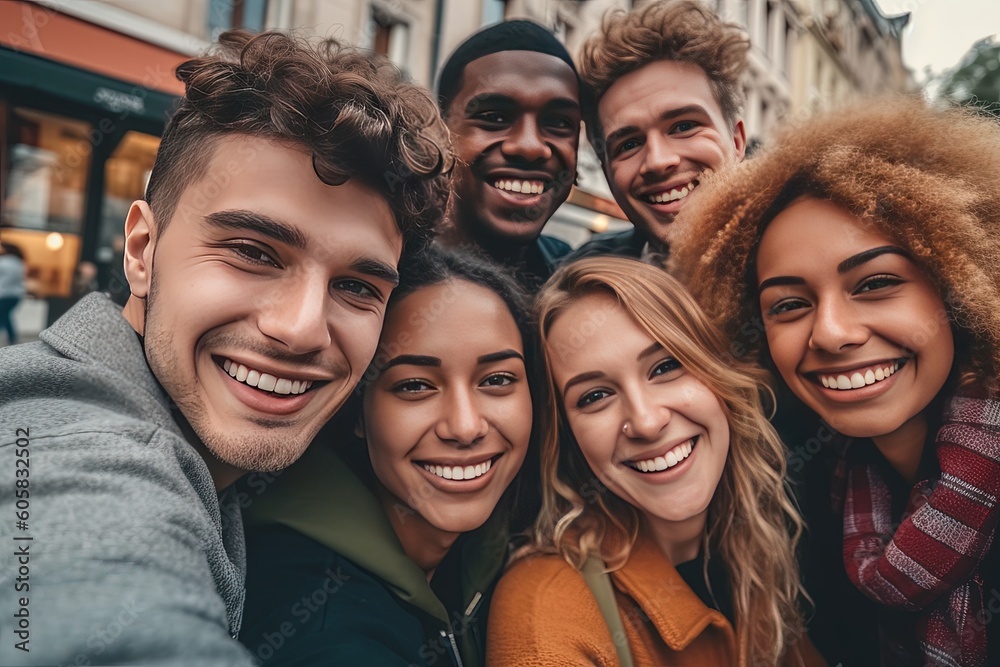 Young and vibrant friends of different ethnic backgrounds taking a selfie together against a picturesque outdoor backdrop Young and vibrant friends of different ethnic backgrounds taking a selfie together against a picturesque outdoor backdrop