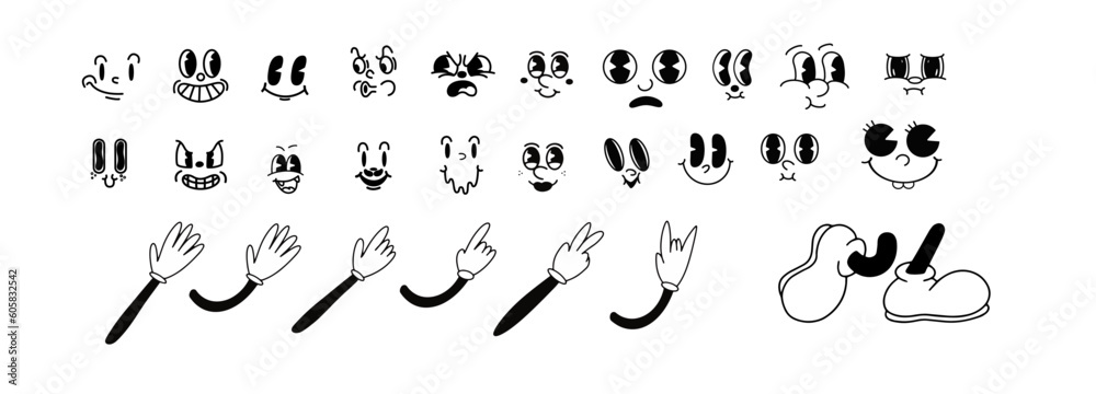 Vintage 50s Cartoon And Comic Different Facial Expressions. Feet in Shoes and Walking Leg and Poses Set. Vintage Cartoon Hands in Gloves and Feet in Shoes. Cute Animation Character Body Parts