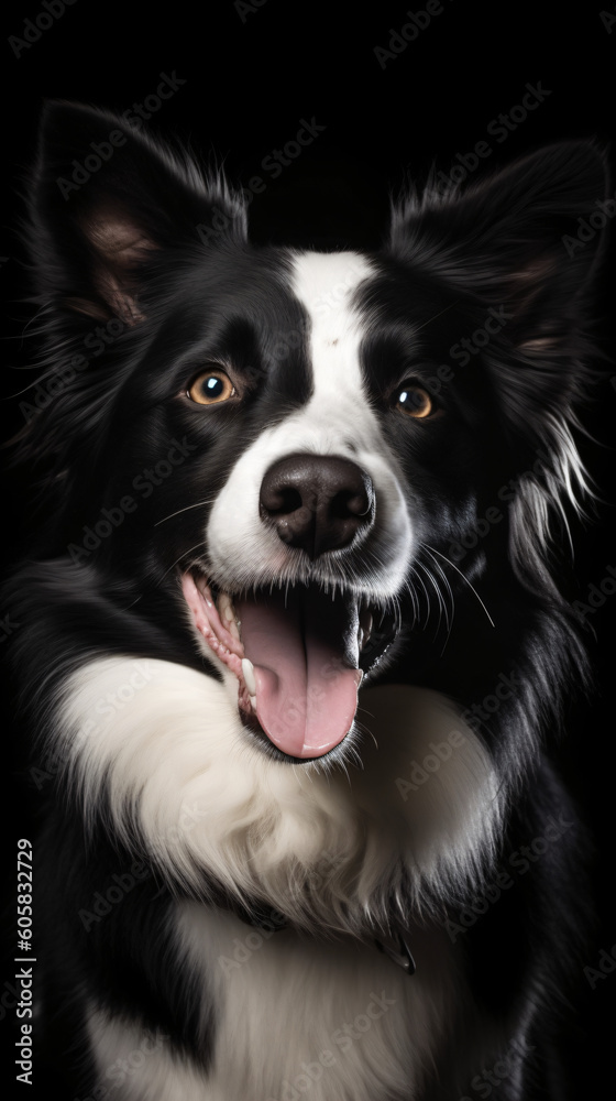 A black and white dog with its tongue out isolated on a black background Generative Ai