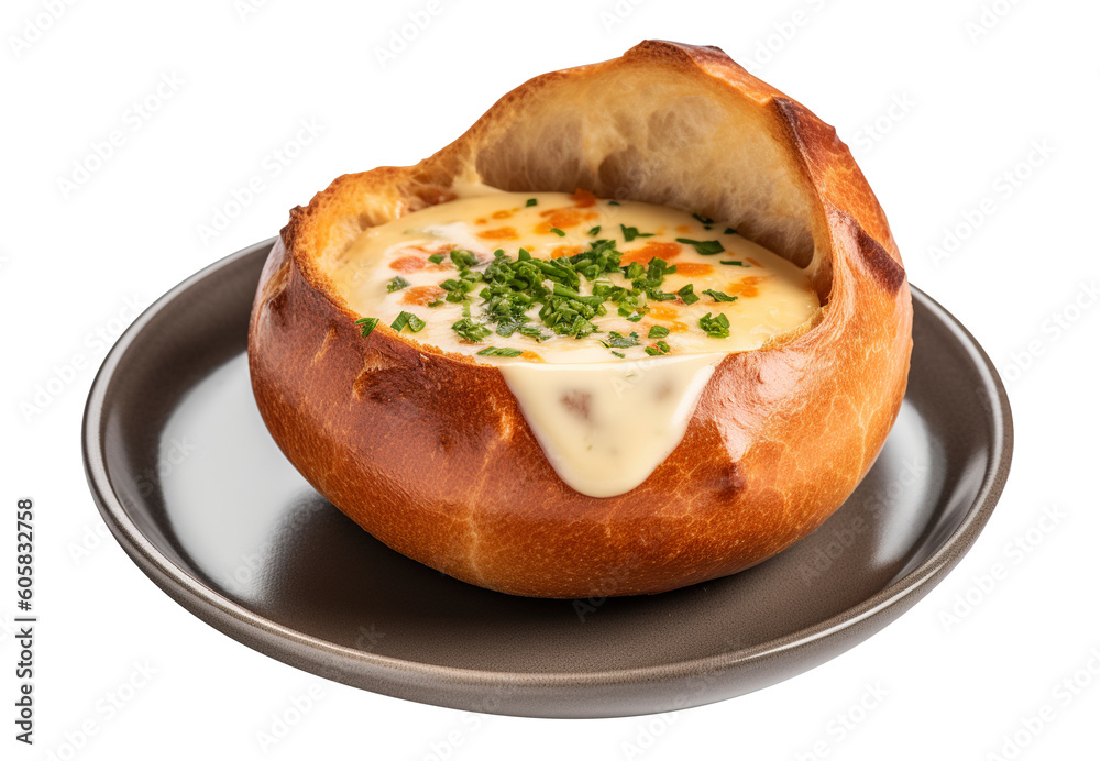 Pretzel Bread Bowl with Cheese Dip on transparent background. Generative AI.