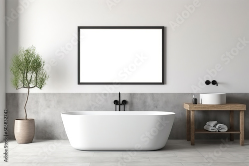 Blank horizontal poster frame mock up in white minimalist style bathroom interior  modern bath room interior background. Ai generative