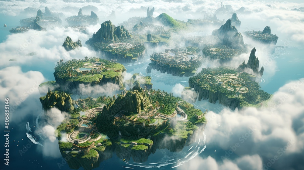 Breathtaking aerial view of a cluster of floating islands suspended high above the clouds. Populate these lands with fantastical structures, lush landscapes Breathtaking aerial view of a cluster of floating islands suspended high above the clouds. Populate these lands with fantastical structures, lush landscapes