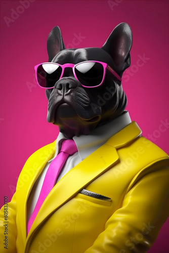 AI-Generated French bulldog Wearing Neon Yellow and Pink Suit with Sunglasses