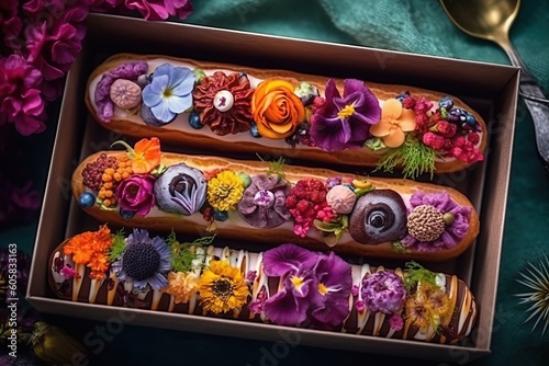 Tasty French eclairs with icing, cream, fresh berries and sugar,  decor elements. Set of delicious eclairs with creative colorful decor in neutral color box, terquise table. Generative AI photo