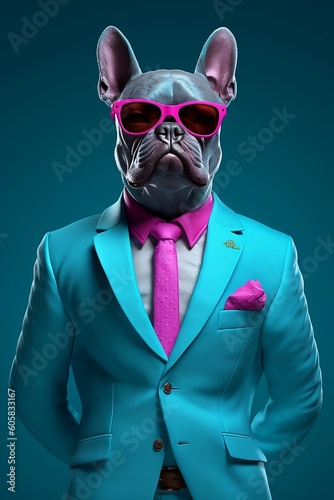AI-Generated Pug Wearing Neon Blue and Pink Suit With Sunglasses © Tyler