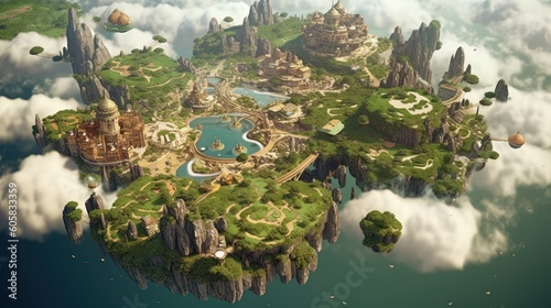 Breathtaking aerial view of a cluster of floating islands suspended high above the clouds. Populate these lands with fantastical structures  lush landscapes