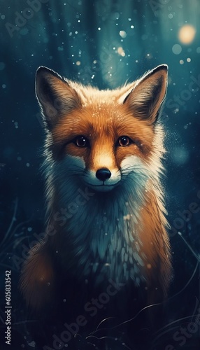 Adorable fox, blue forest background, silhouettes of trees. Magical misty. A clever, observant, curious, beautiful fox. Generative AI