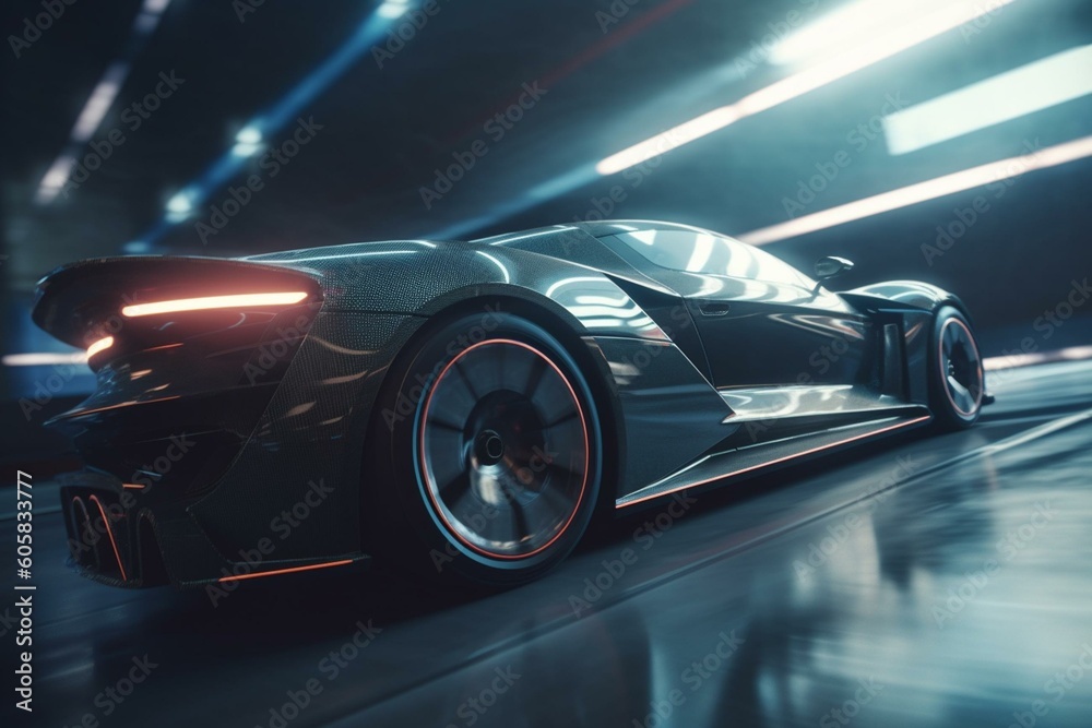 Fast futuristic sports car in movement (3D graphics). Generative AI