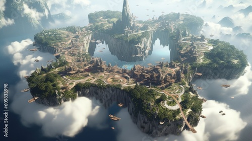 Breathtaking aerial view of a cluster of floating islands suspended high above the clouds. Populate these lands with fantastical structures, lush landscapes