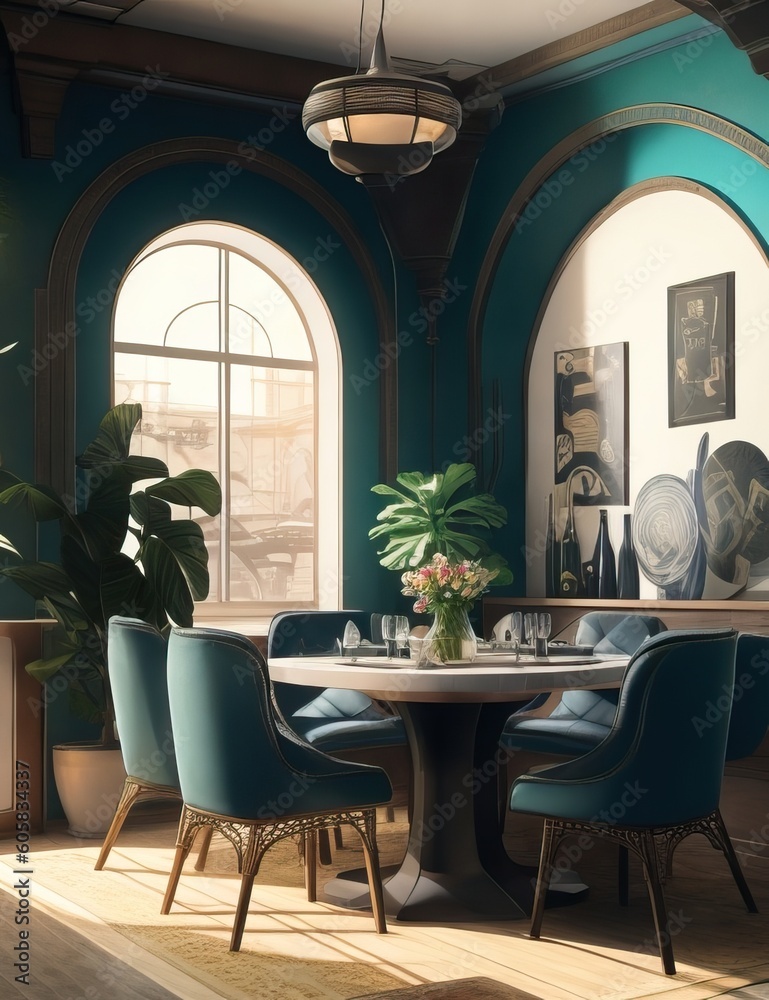 Home interior of a mexican house, dining room, day scene with windows and plants, generative AI