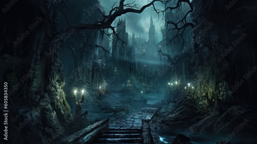 Dark and eerie scene depicting an underworld realm, where ethereal spirits, wicked creatures, and mysterious specters dwell. Use shadowy lighting and haunting colors to evoke a sense of foreboding