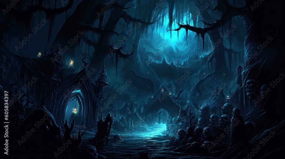 Dark and eerie scene depicting an underworld realm, where ethereal spirits, wicked creatures, and mysterious specters dwell. Use shadowy lighting and haunting colors to evoke a sense of foreboding Dark and eerie scene depicting an underworld realm, where ethereal spirits, wicked creatures, and mysterious specters dwell. Use shadowy lighting and haunting colors to evoke a sense of foreboding