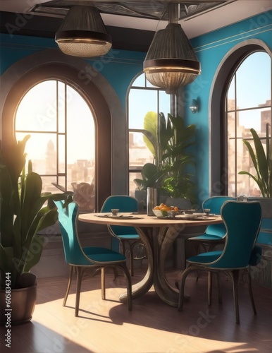 Home interior of a dining room, day scene with windows and plants