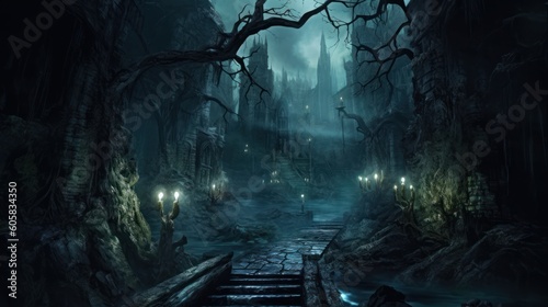 Dark and eerie scene depicting an underworld realm, where ethereal spirits, wicked creatures, and mysterious specters dwell. Use shadowy lighting and haunting colors to evoke a sense of foreboding © Damian Sobczyk