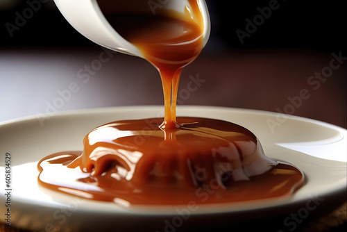 Liquid sweet brown caramel pours over the top of the dessert plate. Tasty caramel is poured over a small biscuit cake. Generative AI professional photo imitation.