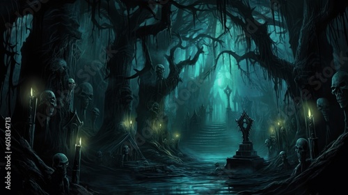 Dark and eerie scene depicting an underworld realm  where ethereal spirits  wicked creatures  and mysterious specters dwell. Use shadowy lighting and haunting colors to evoke a sense of foreboding