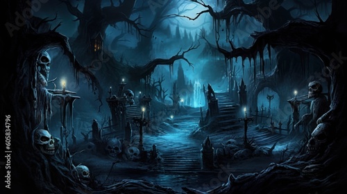 Dark and eerie scene depicting an underworld realm, where ethereal spirits, wicked creatures, and mysterious specters dwell. Use shadowy lighting and haunting colors to evoke a sense of foreboding