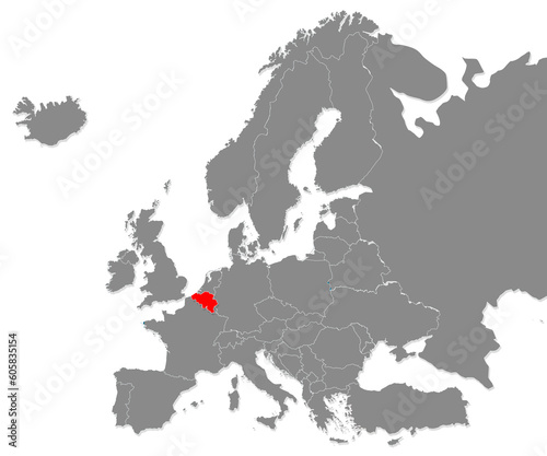 Map of Belgium highligted with red in Europe map