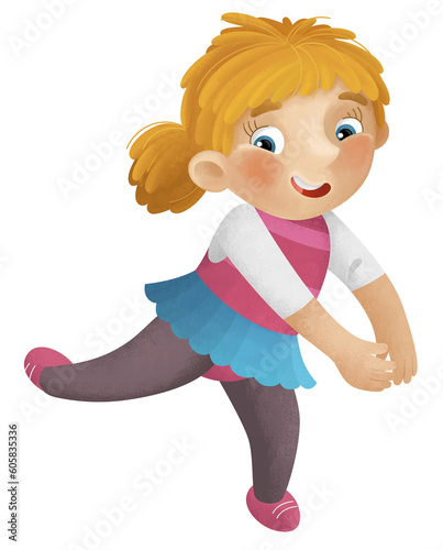 cartoon scene with young girl having fun playing dancing aballet leisure free time isolated illustration for children #605835336